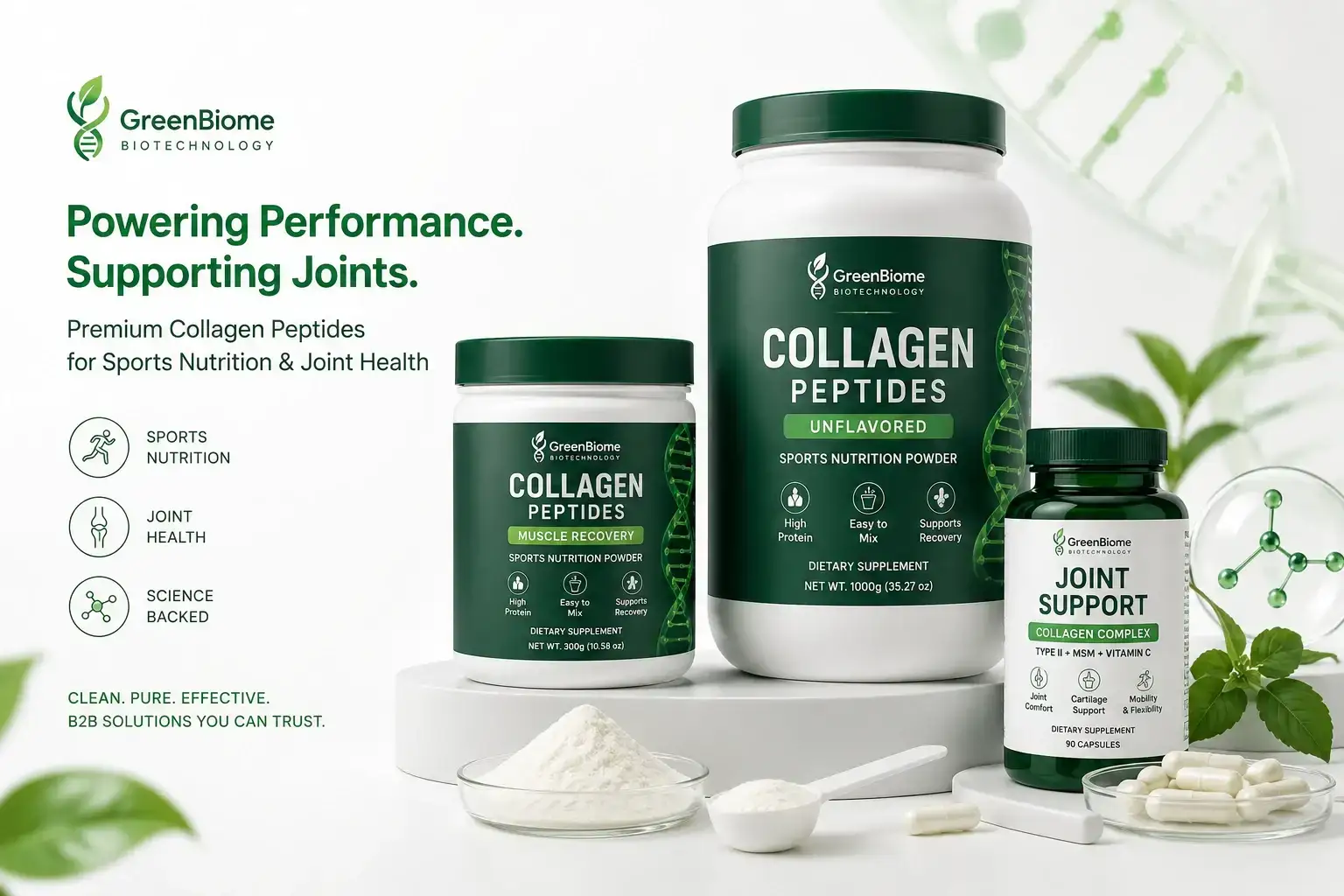 collagen-based sports nutrition powders and joint health supplements in professional packaging