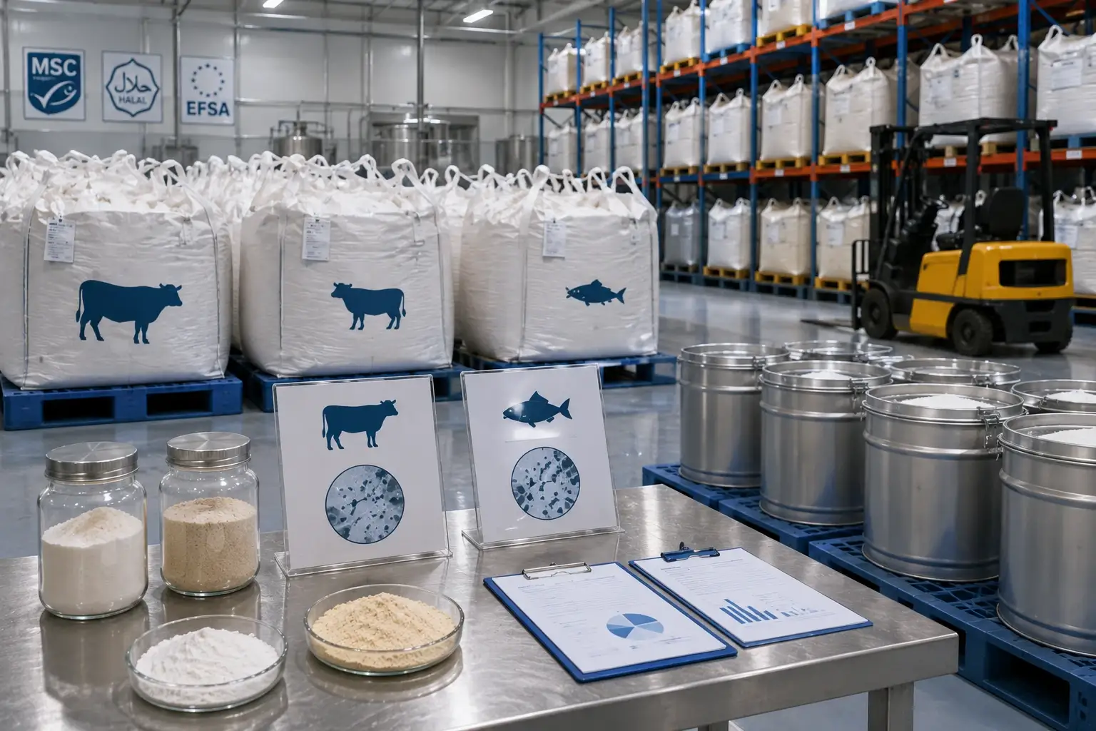 bovine and marine collagen peptide raw material classification and bulk storage workshop